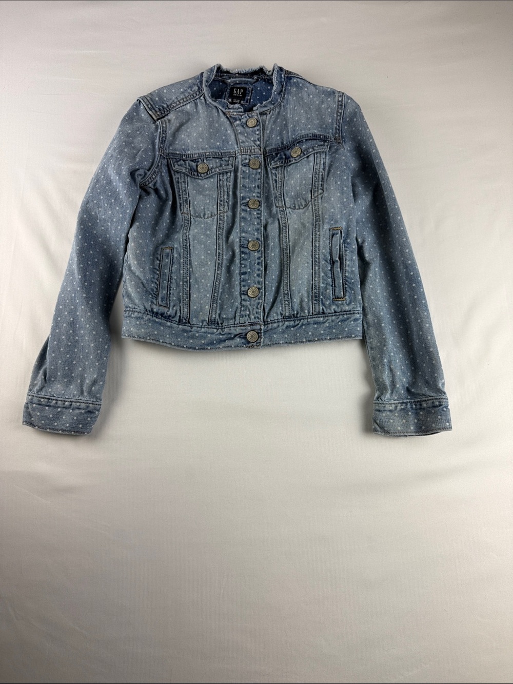 Gap Kids Light Wash Polka Dot Denim Jacket Ruffle Detail Girls XL 100% Cotton
